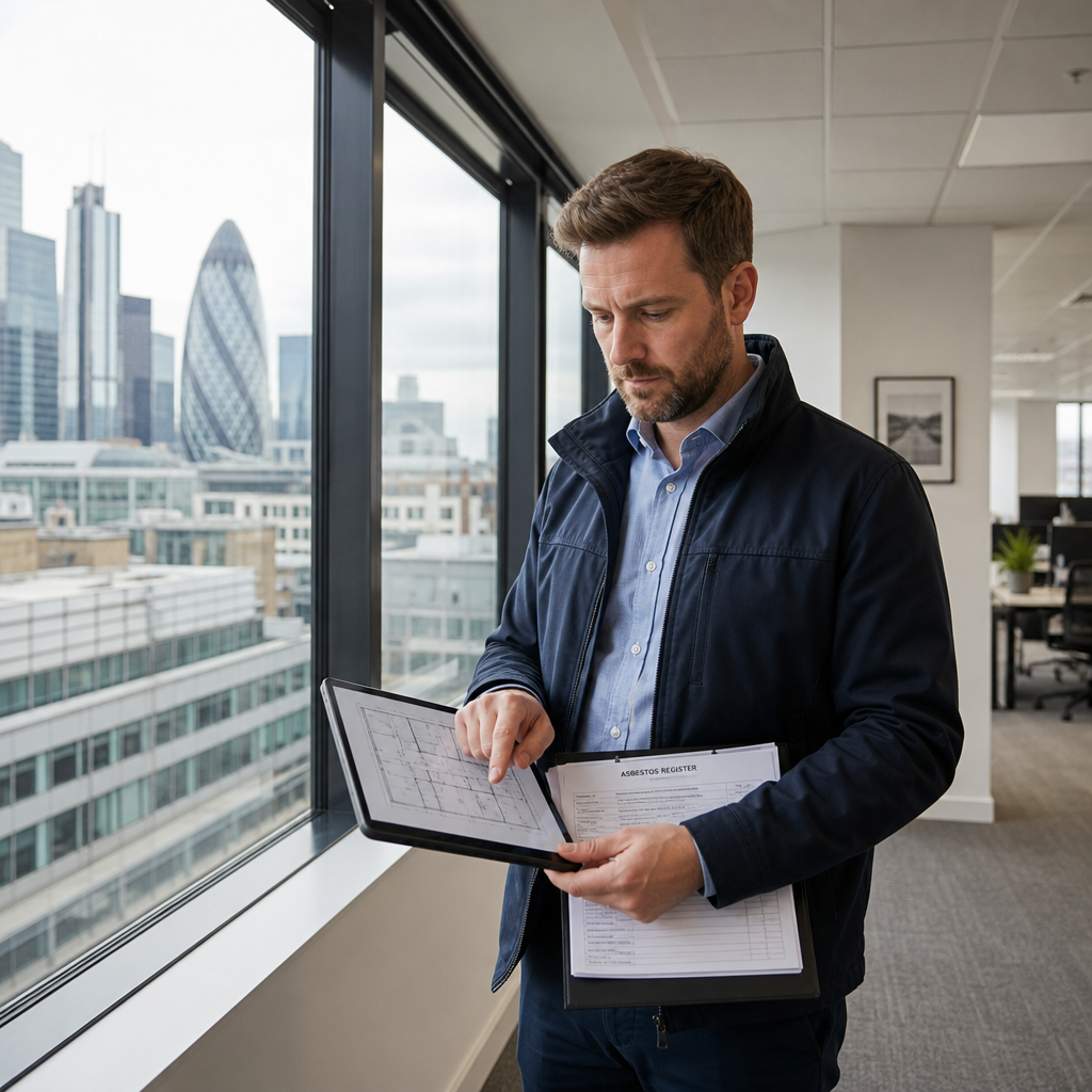 Surveyor reviewing an asbestos register and management plan in a London commercial property