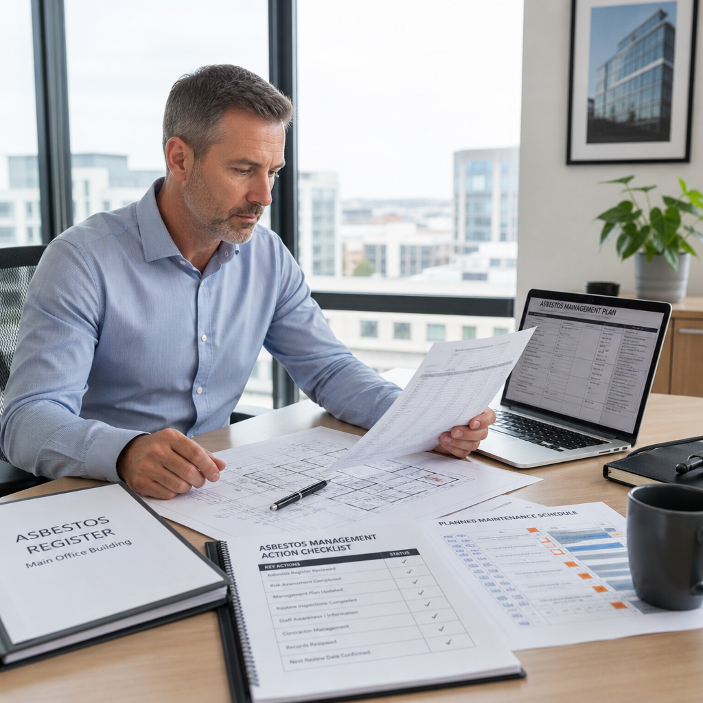 Property manager reviewing asbestos register and management plan records