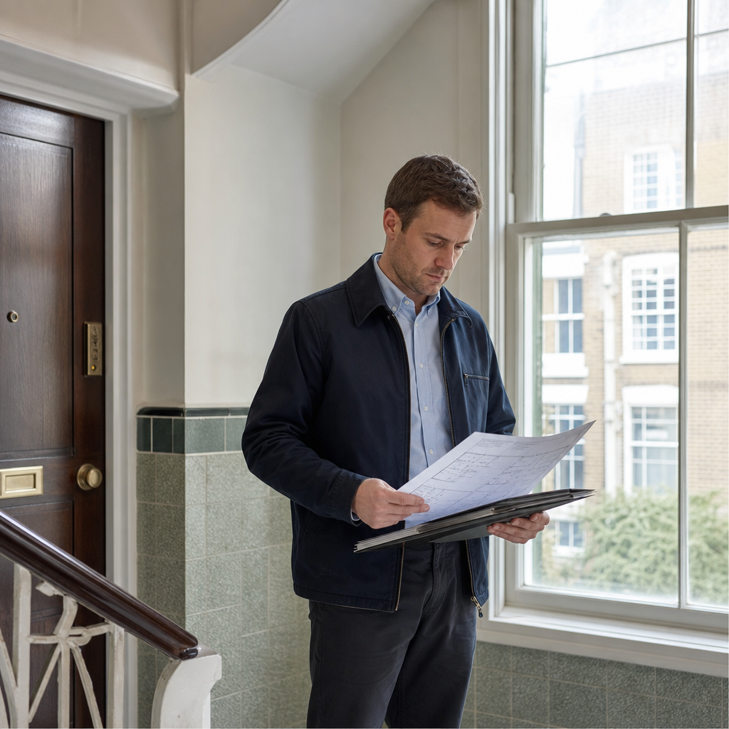 Surveyor reviewing communal areas in a London block of flats