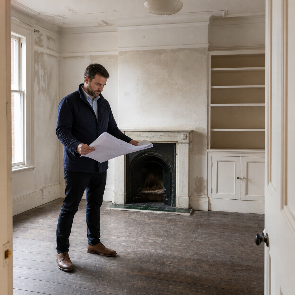 Surveyor assessing a London house before renovation work