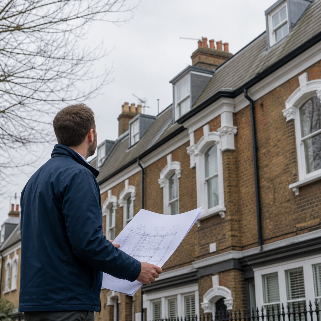 Surveyor assessing a London property before roof replacement