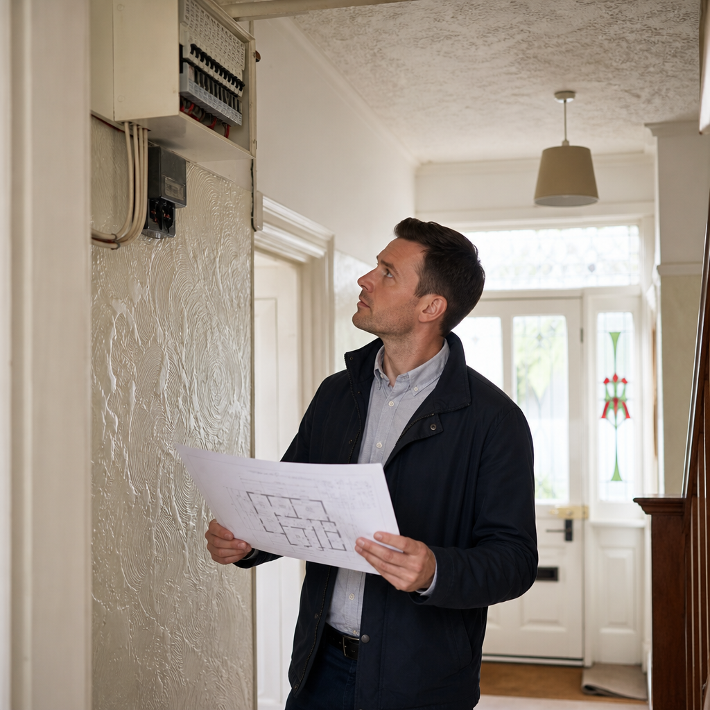 Surveyor assessing a London house before electrical rewiring