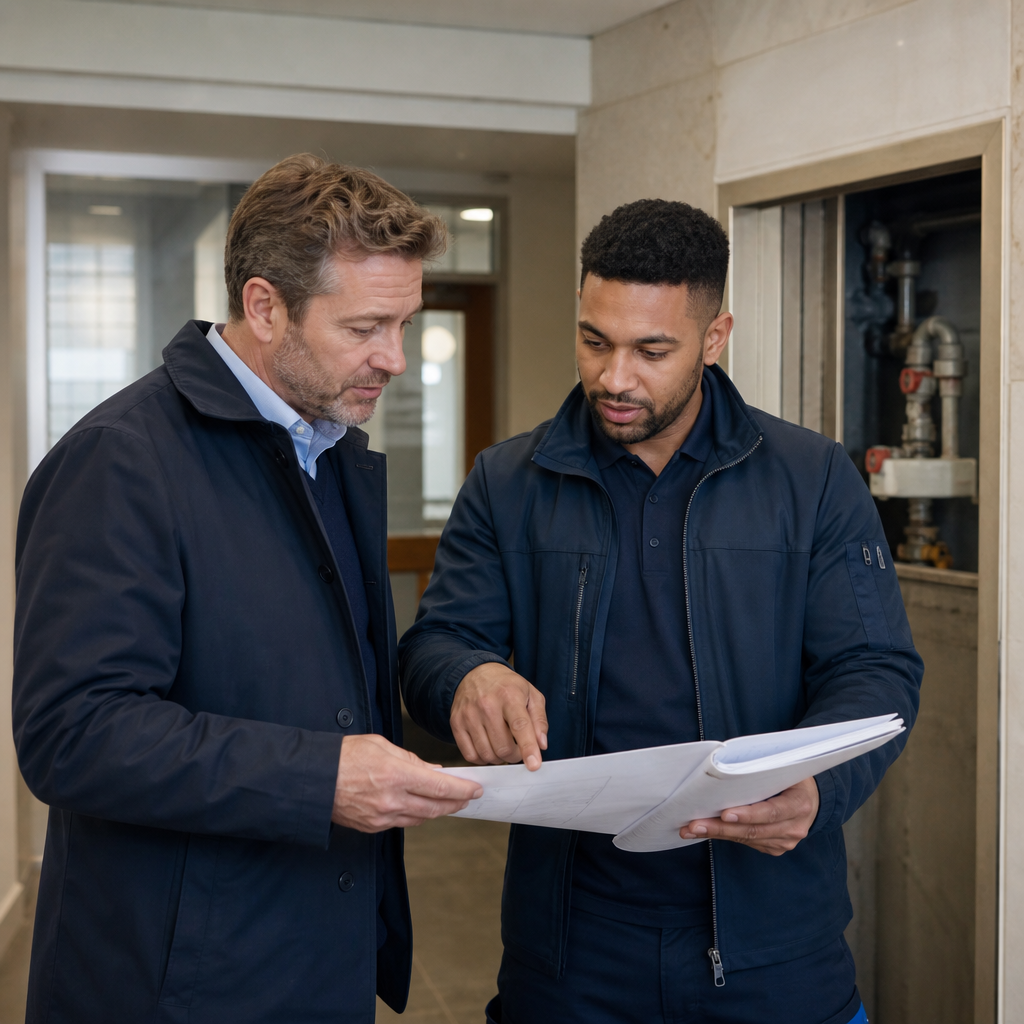 Property manager and contractor reviewing an asbestos register before work