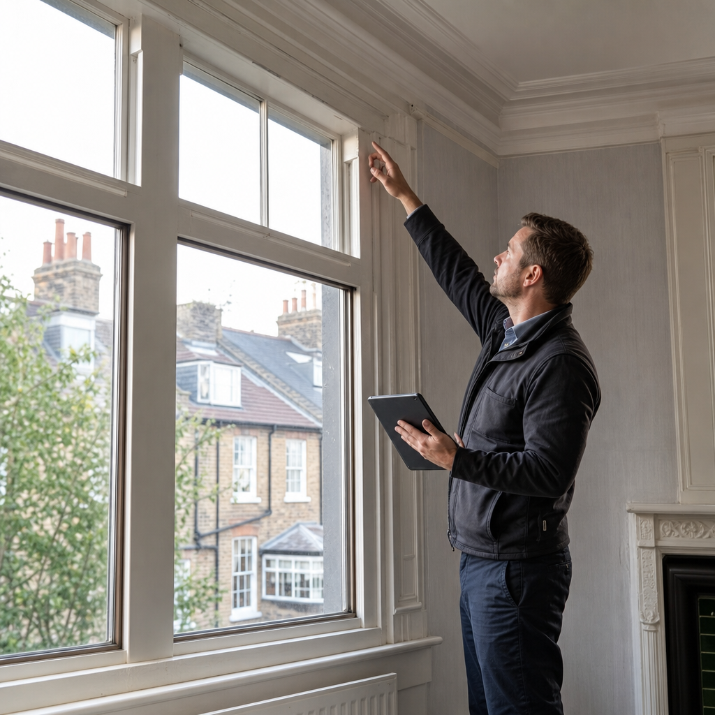 Surveyor inspecting window surrounds before replacement work in London