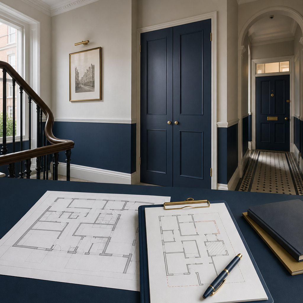 Illustration of survey documents and a closed service cupboard in a London building