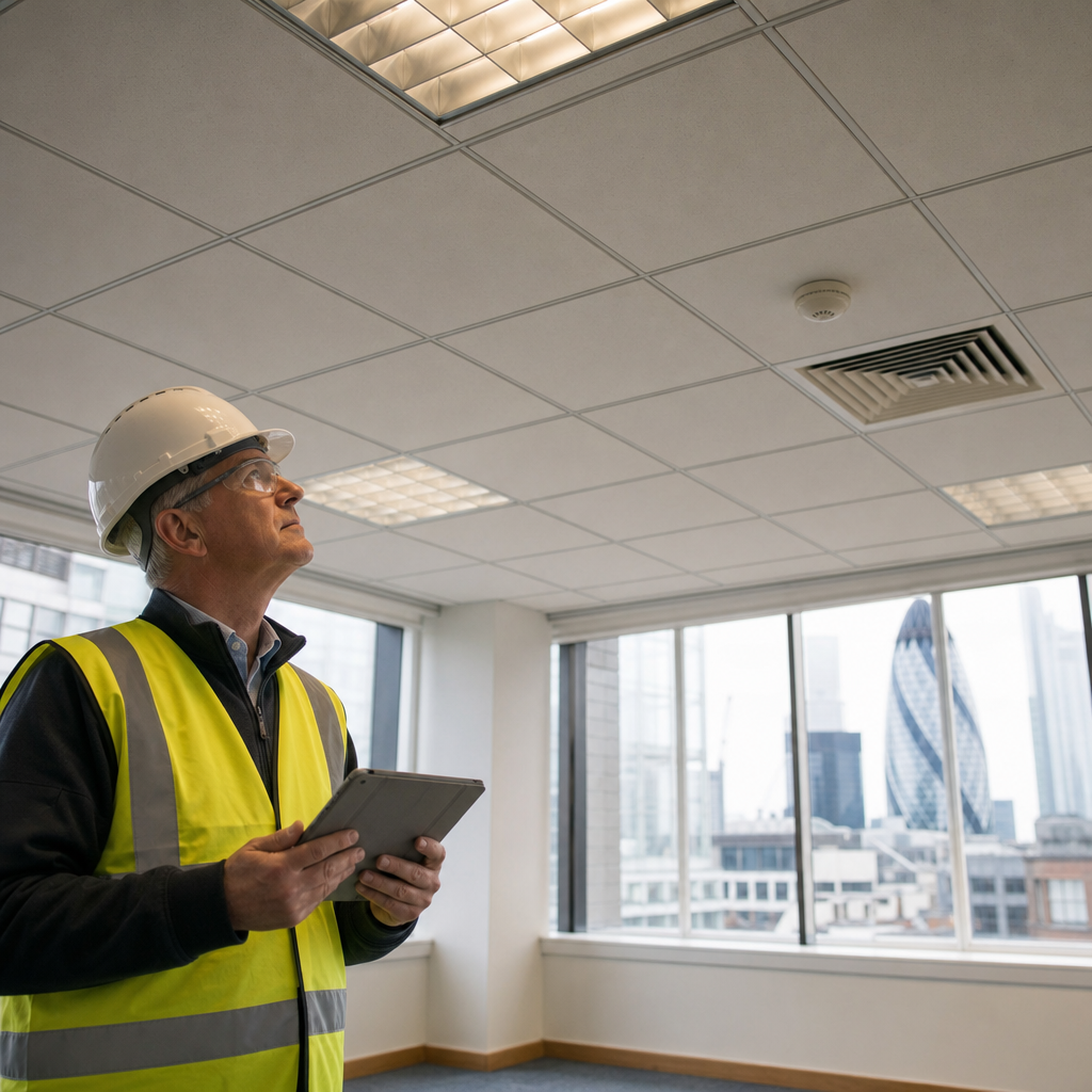 Surveyor inspecting suspended ceiling tiles in a London property before drilling or removal