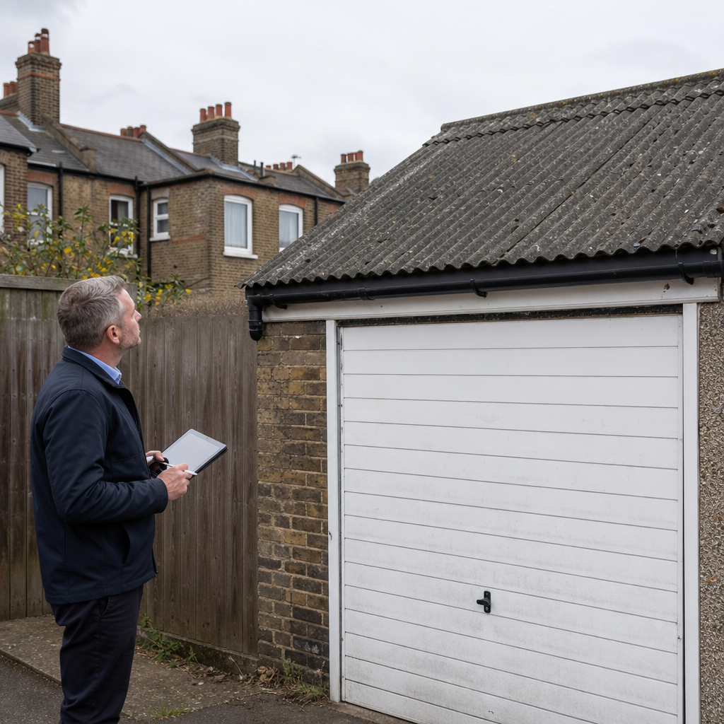 Surveyor inspecting a corrugated garage roof from ground level in London