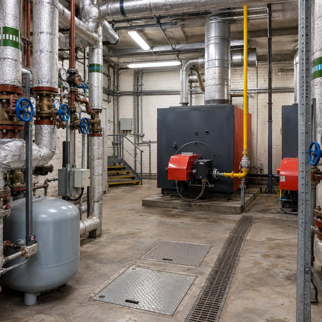 Older London boiler and plant room where asbestos-containing materials may need checking before maintenance or refurbishment