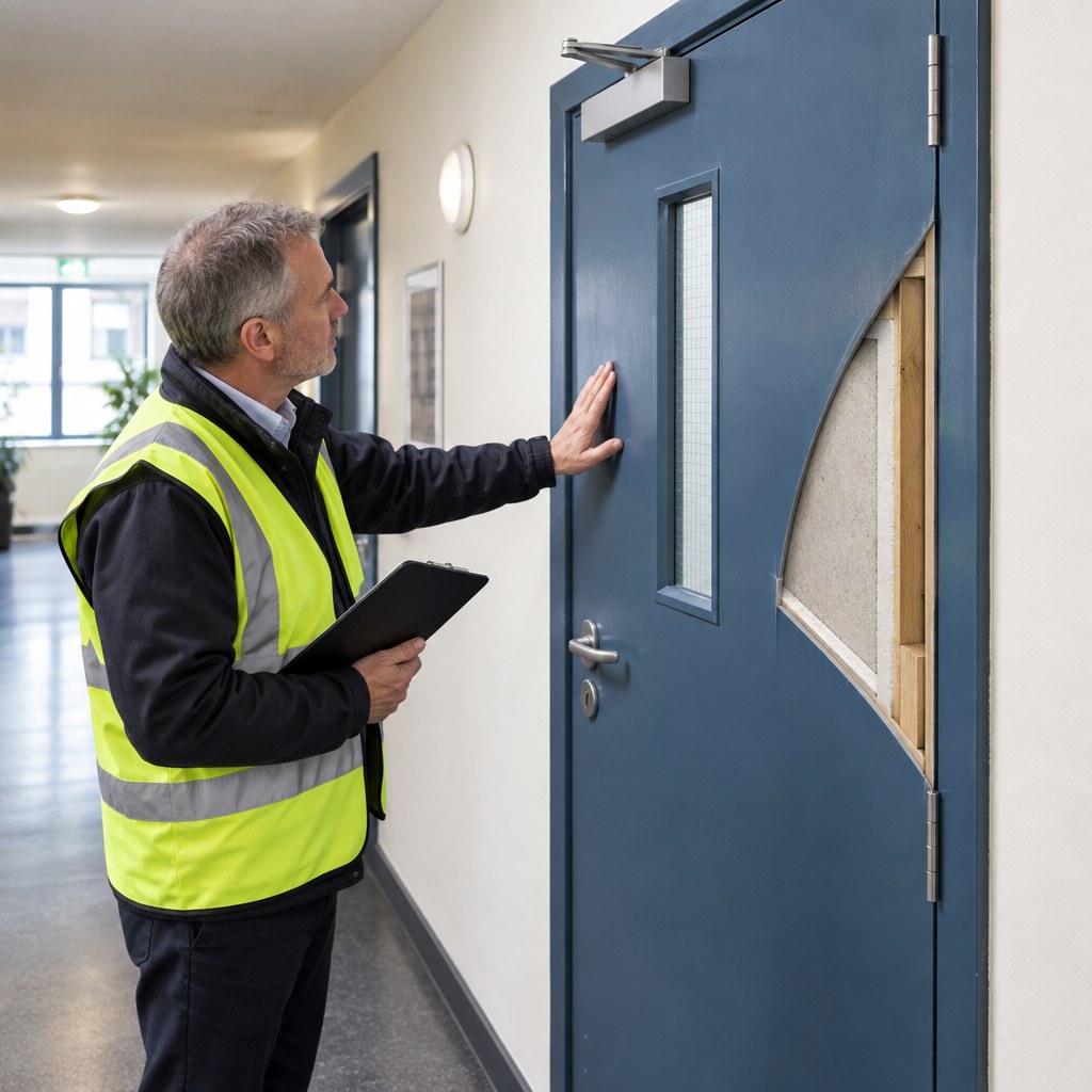 Surveyor visually inspecting an older fire door in a London building before intrusive work where asbestos insulating board may be present